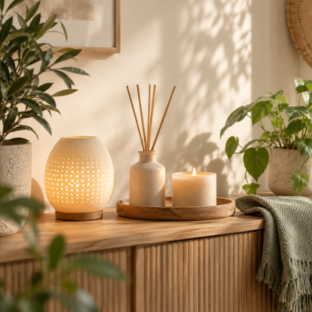 Maison & Ambiance zen Décoration intérieure zen avec lampe, diffuseur, bougie et plaid vert sauge.