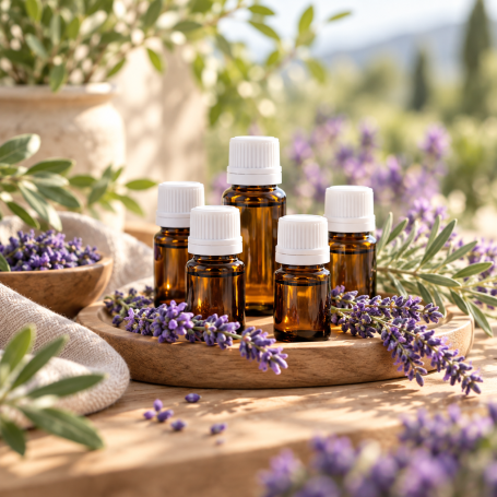 AROMATHÉRAPIE Flacons ambrés d’huiles essentielles entourés de brins de lavande dans un décor naturel.