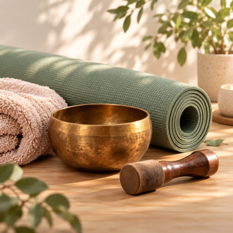 Bien-être Tapis de yoga vert sauge, bol chantant tibétain et accessoires de relaxation sur une table en bois clair.