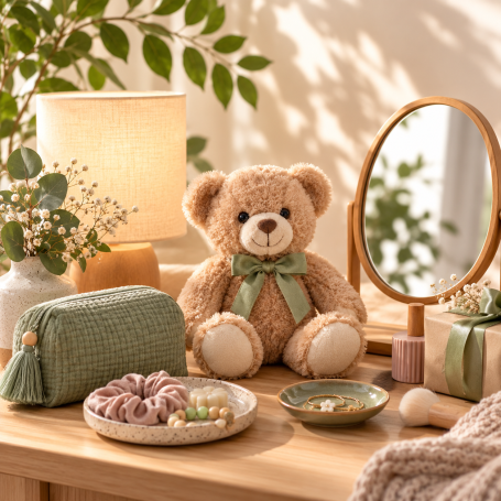 ACCESSOIRES & IDÉES CADEAUX Ours en peluche, miroir, lampe et accessoires cadeaux dans une ambiance douce et naturelle.