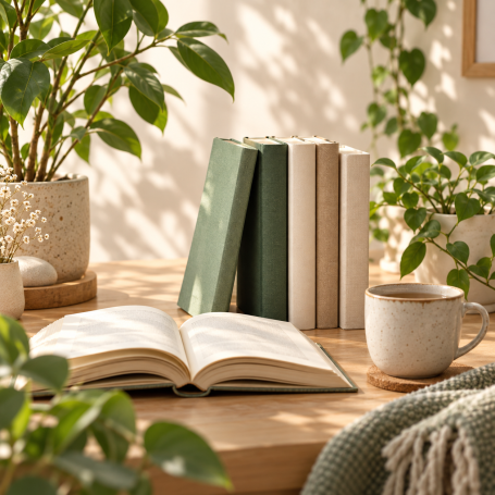 LIBRAIRIE Livres aux tons naturels, ouvrage ouvert et tasse dans un coin lecture lumineux entouré de plantes.
