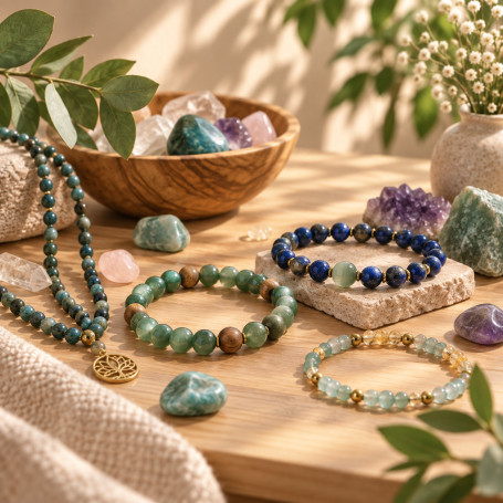 PIERRES & BIJOUX Bracelets, collier et minéraux en pierres naturelles disposés sur une table en bois clair.